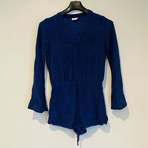 Park Blue Silk Flare Sleeve Drawstring Romper Size Small